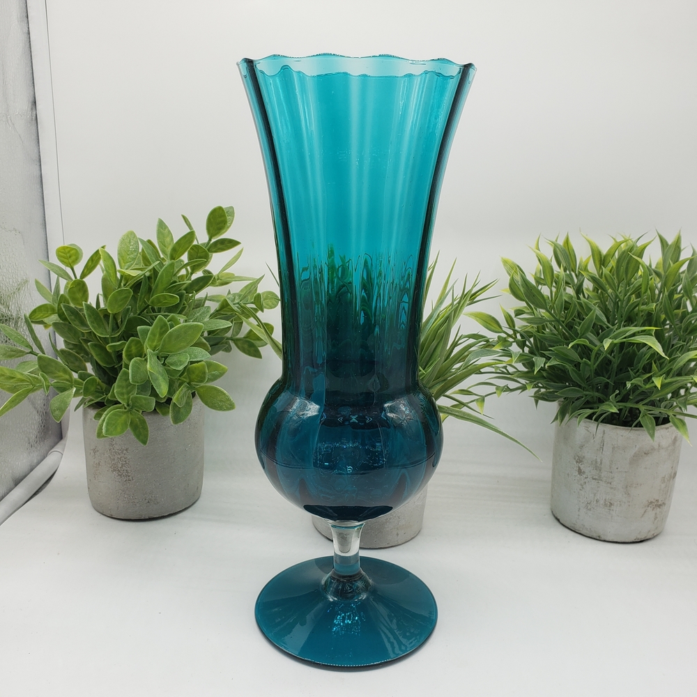 Italian Empoli Vintage Turquoise Blue Handblown Flared Rim Footed Art Glass Vase